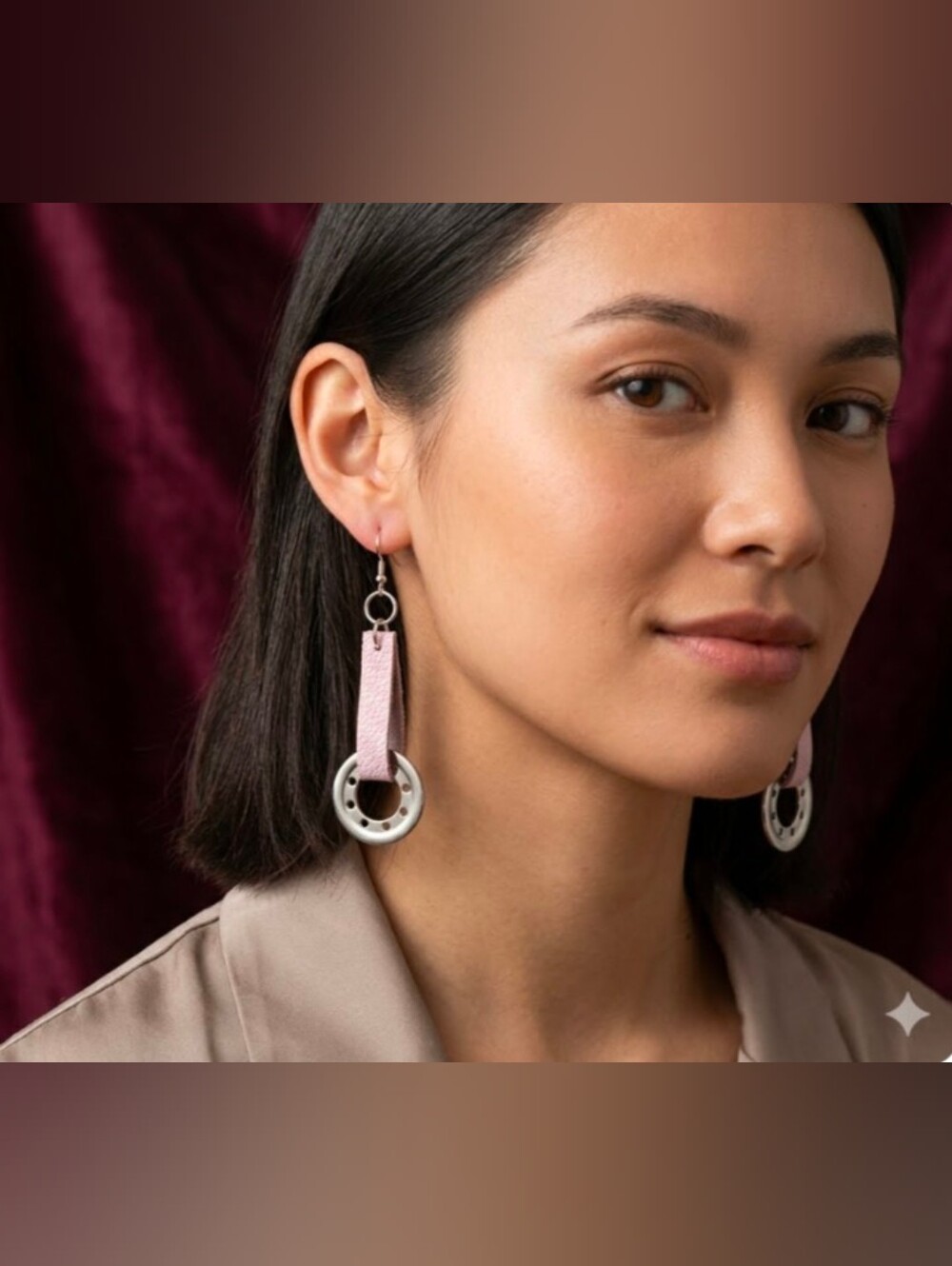 Handmade Lavender Pink Genuine Leather and Gunmetal Silver Ring Drop Earrings